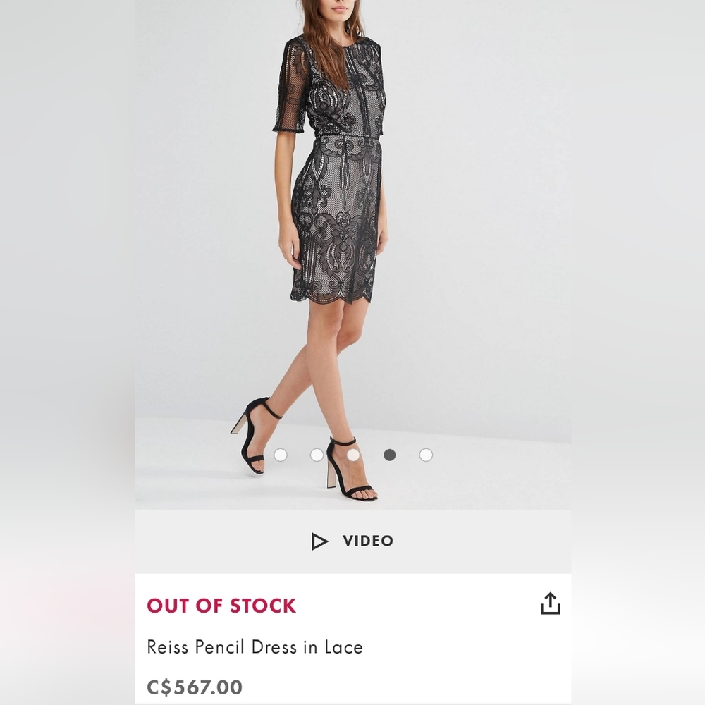 REISS Zola Lace Dress  Black Scalloped Hem V-Back Party Cocktail US 4 - Picture 3 of 16